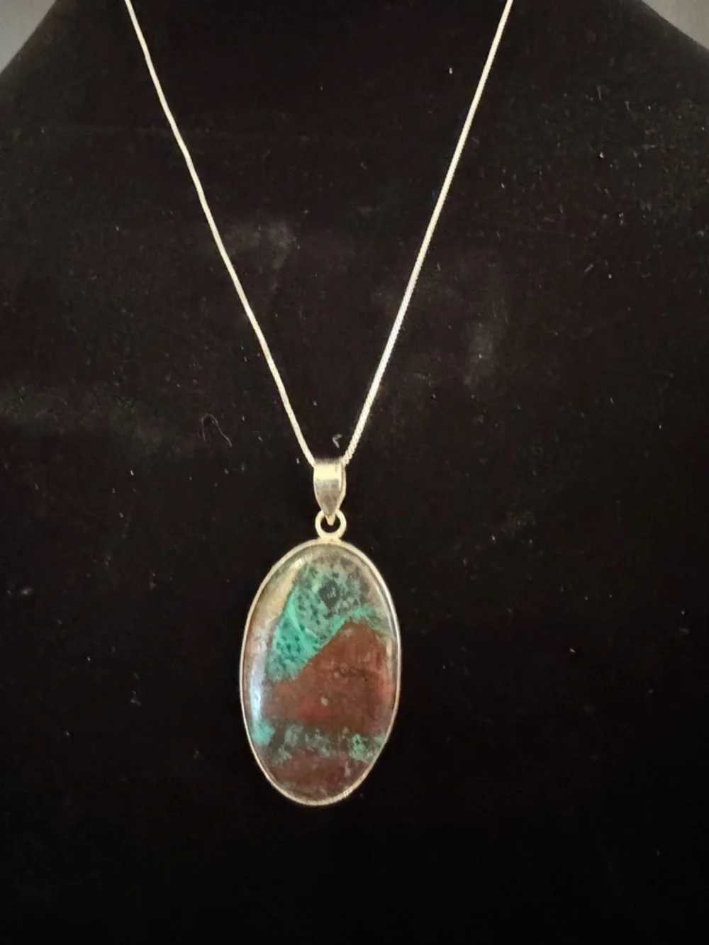 Turquoise and Red chrysocolla quartz Oval Pendant Necklace sterling silver‎